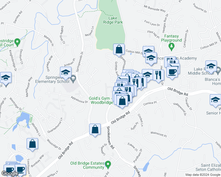map of restaurants, bars, coffee shops, grocery stores, and more near 12420 Goa Place in Woodbridge