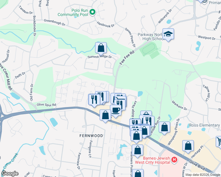 map of restaurants, bars, coffee shops, grocery stores, and more near 12917 Portulaca Drive in St. Louis