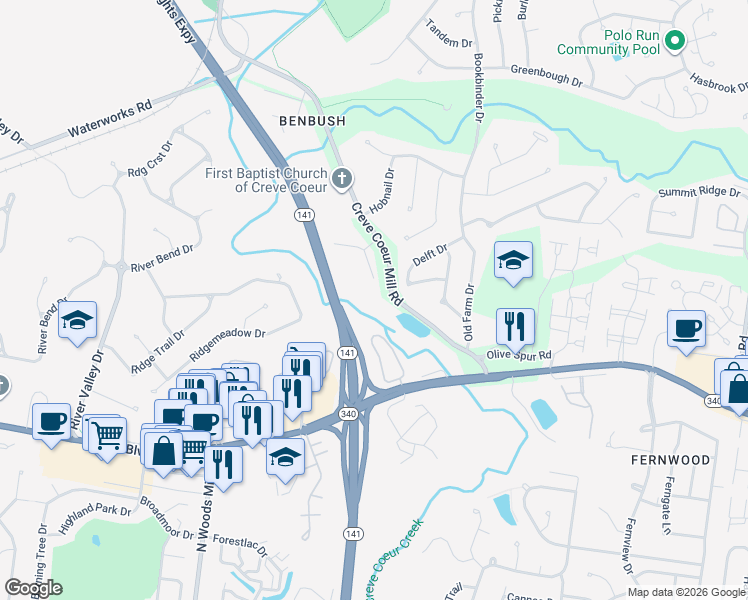 map of restaurants, bars, coffee shops, grocery stores, and more near 13430 Terra Vista Drive in St. Louis