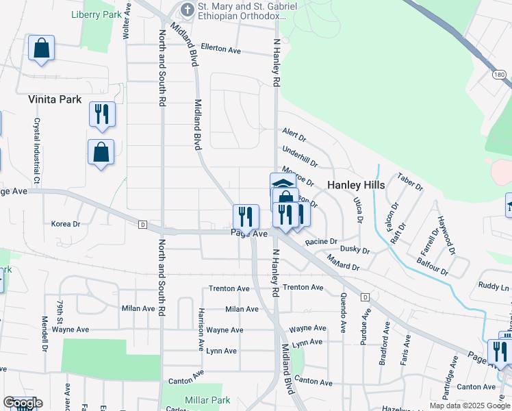 map of restaurants, bars, coffee shops, grocery stores, and more near 8017 Washington Street in St. Louis