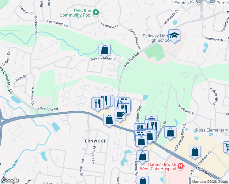 map of restaurants, bars, coffee shops, grocery stores, and more near 12917 Portulaca Drive in St. Louis