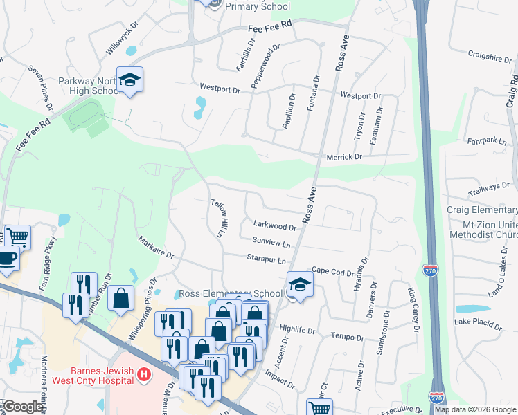 map of restaurants, bars, coffee shops, grocery stores, and more near 12558 Northwinds Drive in St. Louis