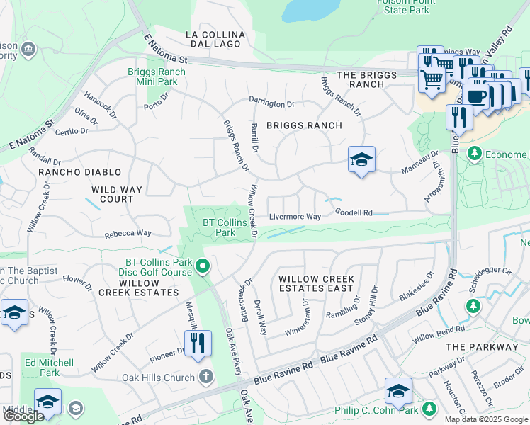 map of restaurants, bars, coffee shops, grocery stores, and more near 170 Livermore Way in Folsom