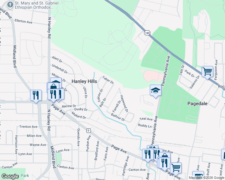 map of restaurants, bars, coffee shops, grocery stores, and more near 2020 Raft Drive in St. Louis