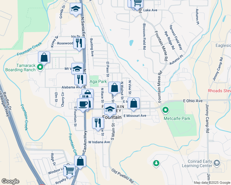 map of restaurants, bars, coffee shops, grocery stores, and more near 307 North Walnut Street in Fountain