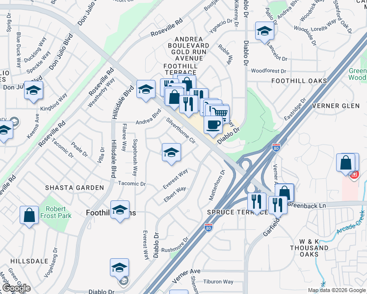 map of restaurants, bars, coffee shops, grocery stores, and more near 5121 Cimarron Way in Sacramento