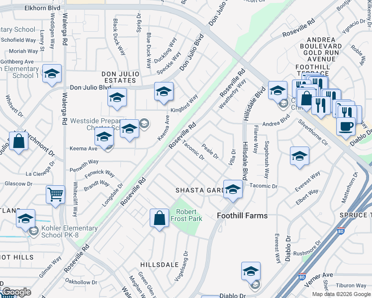 map of restaurants, bars, coffee shops, grocery stores, and more near 4721 Tacomic Drive in Sacramento