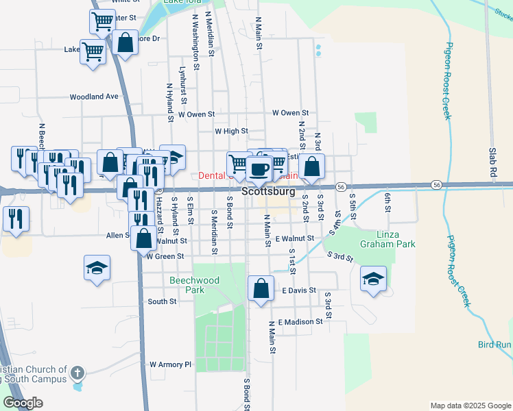 map of restaurants, bars, coffee shops, grocery stores, and more near 79 S Railroad St in Scottsburg