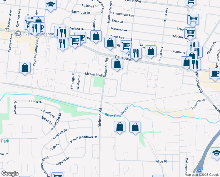 map of restaurants, bars, coffee shops, grocery stores, and more near 1452 Dielman Road in St. Louis