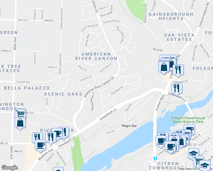 map of restaurants, bars, coffee shops, grocery stores, and more near 131 Perry Court in Folsom