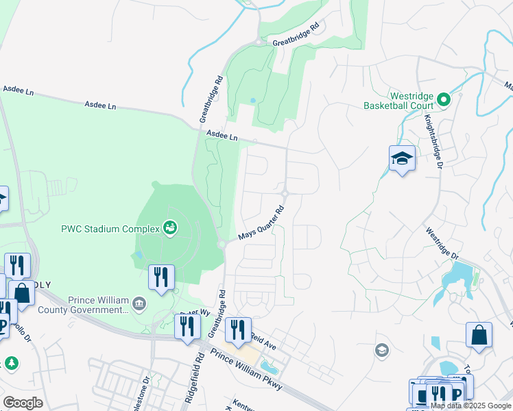 map of restaurants, bars, coffee shops, grocery stores, and more near 4608 Easterlin Way in Woodbridge