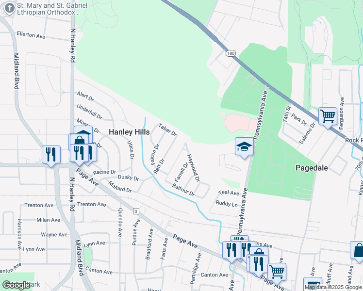 map of restaurants, bars, coffee shops, grocery stores, and more near 2033 Bainbridge Drive in St. Louis