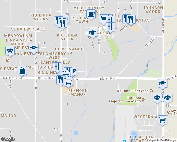 map of restaurants, bars, coffee shops, grocery stores, and more near 6438 6th Street in Rio Linda