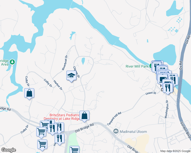 map of restaurants, bars, coffee shops, grocery stores, and more near 1921 Mariner Drive in Woodbridge
