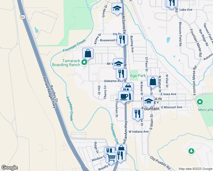 map of restaurants, bars, coffee shops, grocery stores, and more near 106 Cherry Circle in Fountain