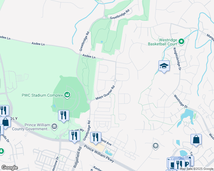 map of restaurants, bars, coffee shops, grocery stores, and more near 4609 Easterlin Way in Woodbridge