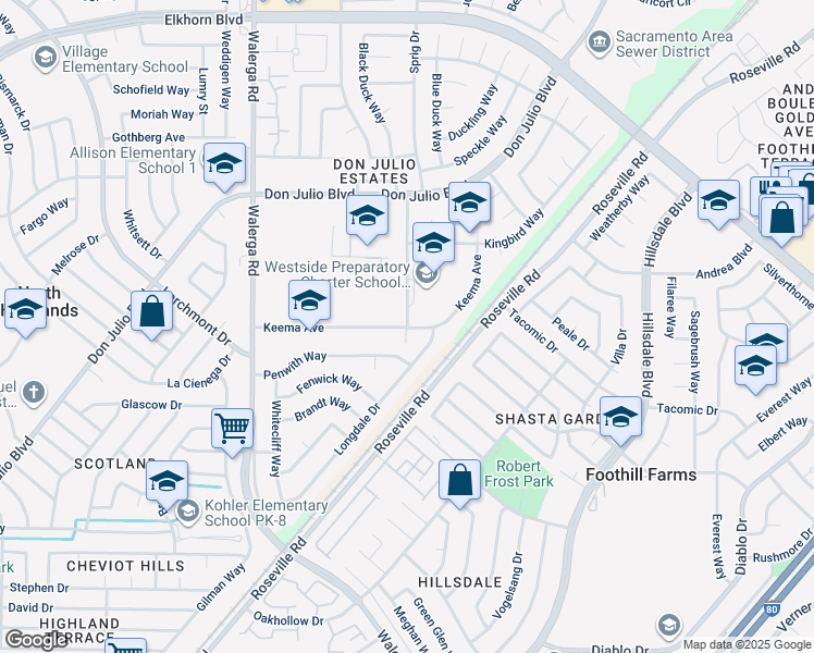 map of restaurants, bars, coffee shops, grocery stores, and more near 6469 Guthrie Street in North Highlands