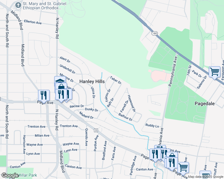map of restaurants, bars, coffee shops, grocery stores, and more near 2004 Falcon Dr in St Louis