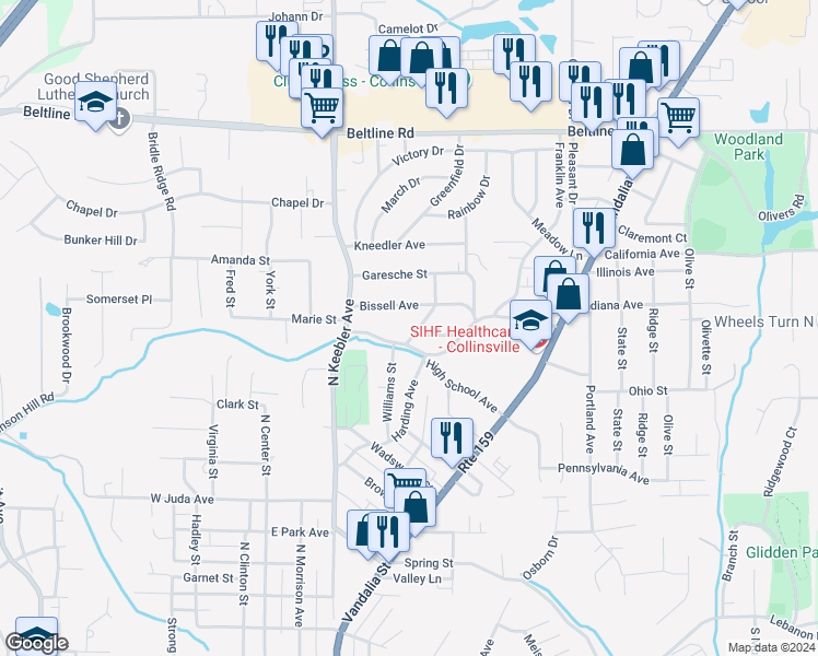 map of restaurants, bars, coffee shops, grocery stores, and more near 1108 Roosevelt Avenue in Collinsville