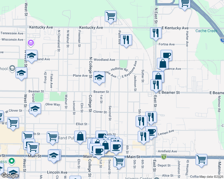 map of restaurants, bars, coffee shops, grocery stores, and more near 4 Pershing Avenue in Woodland