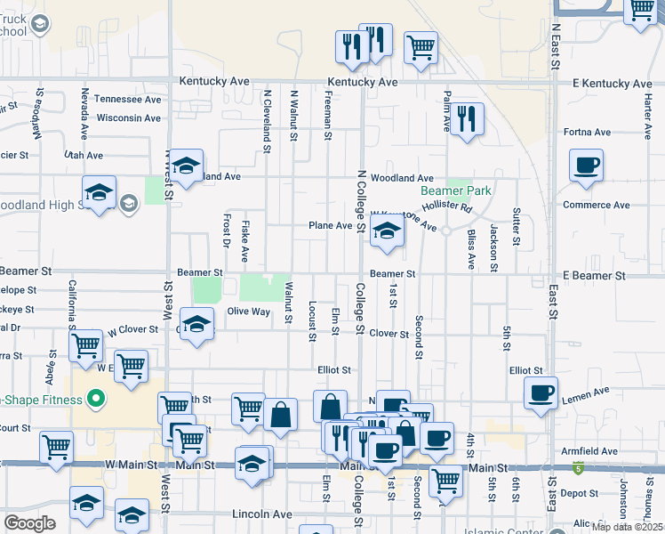 map of restaurants, bars, coffee shops, grocery stores, and more near 403 Beamer Street in Woodland