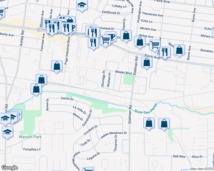 map of restaurants, bars, coffee shops, grocery stores, and more near 1415 Wishart Place in St. Louis
