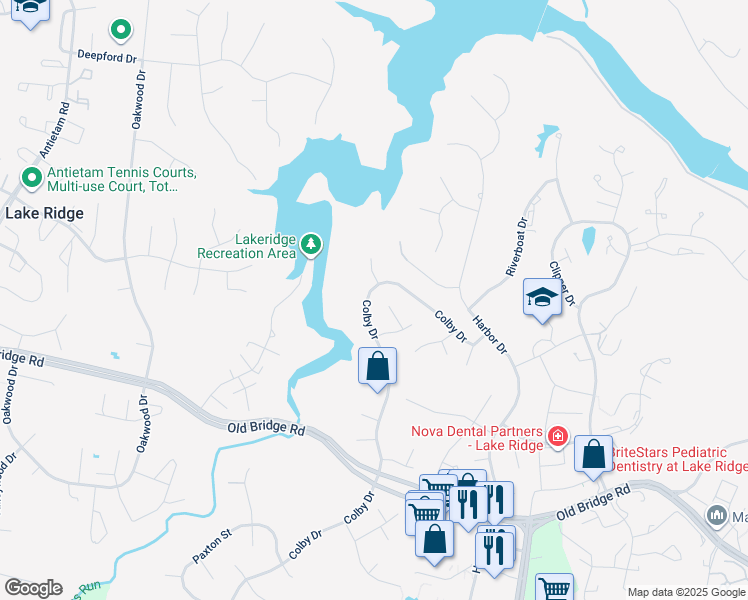map of restaurants, bars, coffee shops, grocery stores, and more near 12403 Colby Drive in Woodbridge