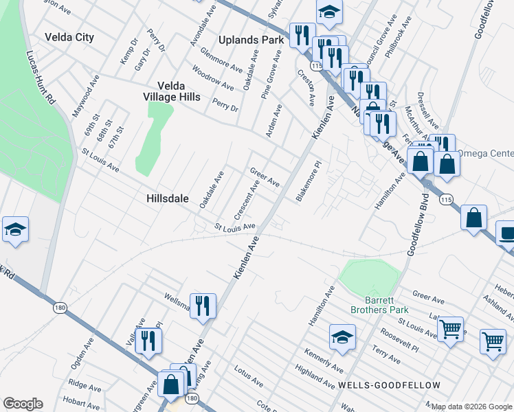 map of restaurants, bars, coffee shops, grocery stores, and more near 2146 Darver Ln in St Louis
