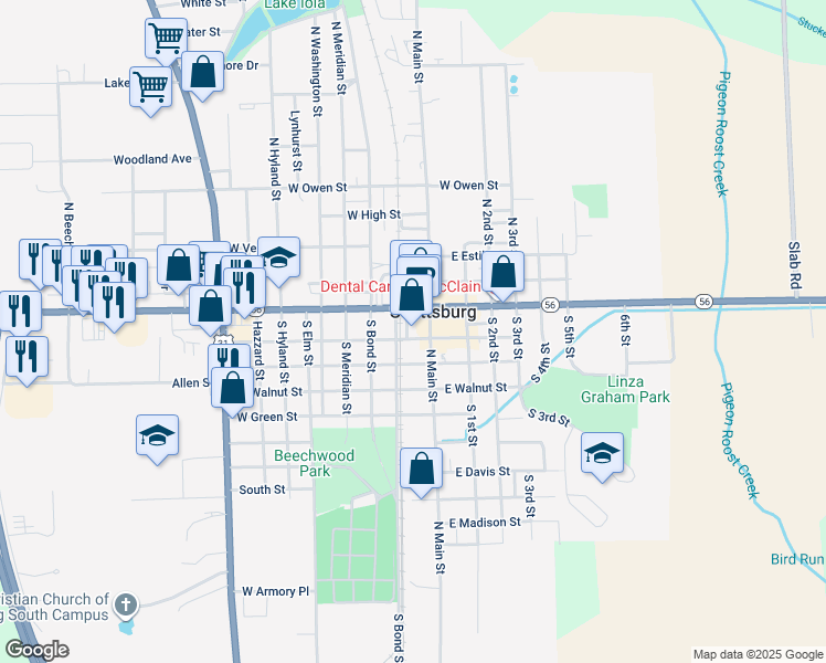 map of restaurants, bars, coffee shops, grocery stores, and more near 79 South Railroad Street in Scottsburg