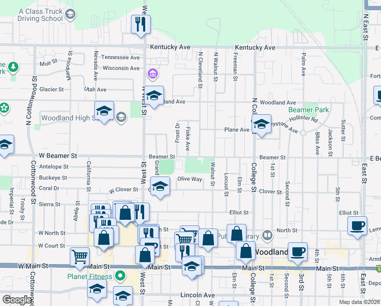map of restaurants, bars, coffee shops, grocery stores, and more near 109 Beamer Street in Woodland