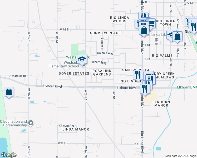 map of restaurants, bars, coffee shops, grocery stores, and more near 6412 Randy Street in Rio Linda