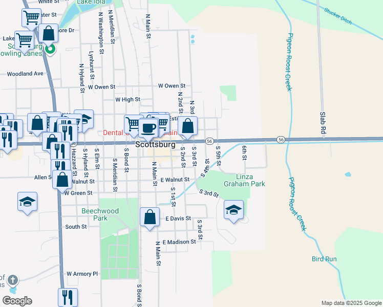 map of restaurants, bars, coffee shops, grocery stores, and more near 90 South 3rd Street in Scottsburg