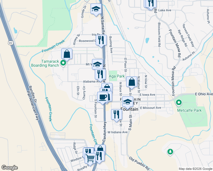 map of restaurants, bars, coffee shops, grocery stores, and more near 222 North Santa Fe Avenue in Fountain