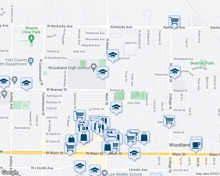 map of restaurants, bars, coffee shops, grocery stores, and more near 9 Beamer Street in Woodland