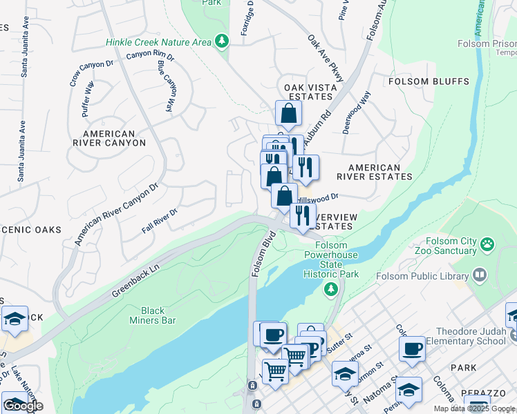 map of restaurants, bars, coffee shops, grocery stores, and more near 1001 Folsom Ranch Drive in Folsom