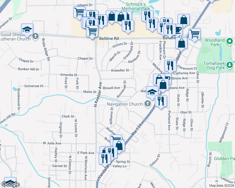 map of restaurants, bars, coffee shops, grocery stores, and more near 1110 Roosevelt Avenue in Collinsville