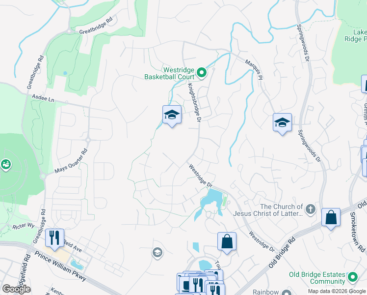 map of restaurants, bars, coffee shops, grocery stores, and more near 12400 Knightsbridge Drive in Woodbridge