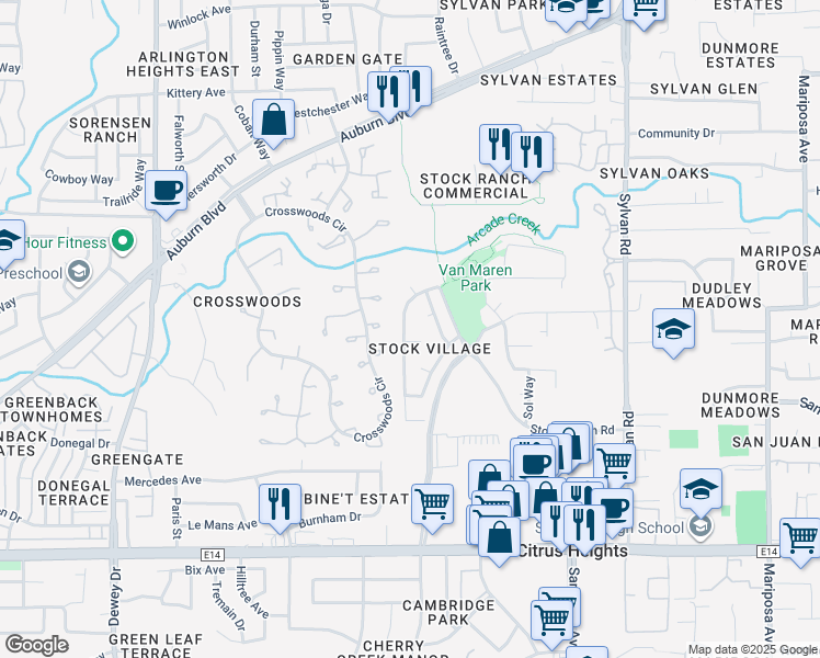 map of restaurants, bars, coffee shops, grocery stores, and more near 6492 Aspen Gardens Way in Citrus Heights