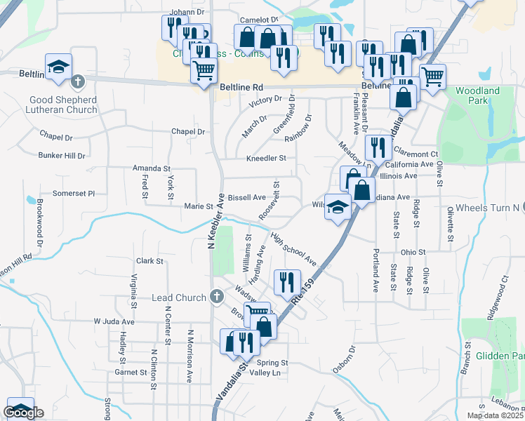 map of restaurants, bars, coffee shops, grocery stores, and more near 1112 Roosevelt Avenue in Collinsville