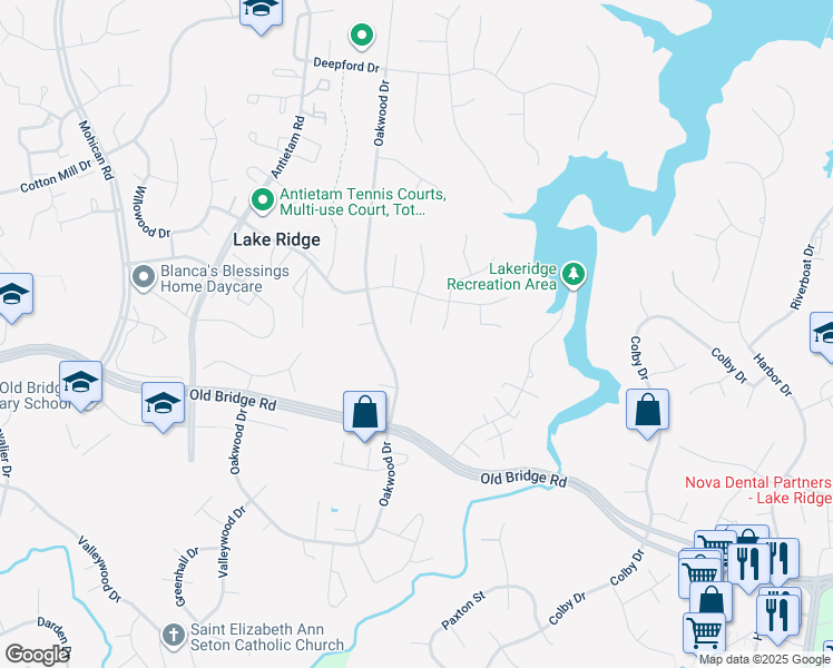 map of restaurants, bars, coffee shops, grocery stores, and more near 12325 Mulberry Court in Woodbridge