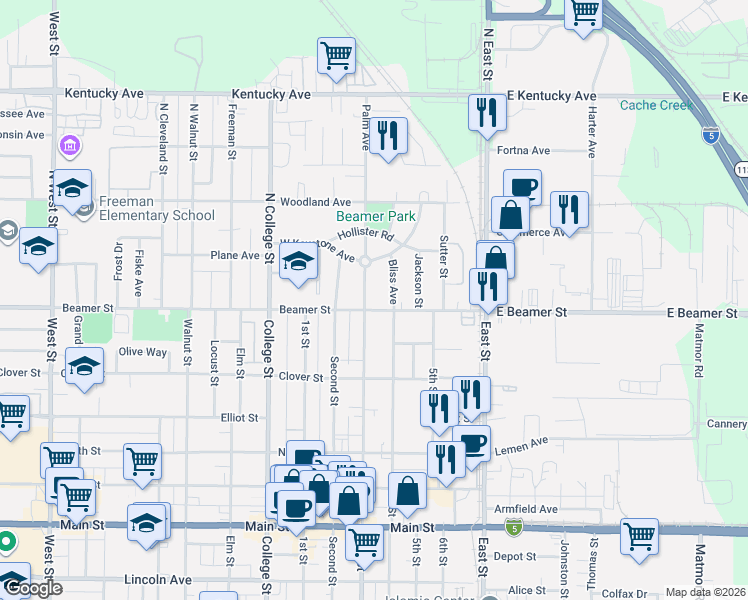 map of restaurants, bars, coffee shops, grocery stores, and more near 6 Palm Avenue in Woodland