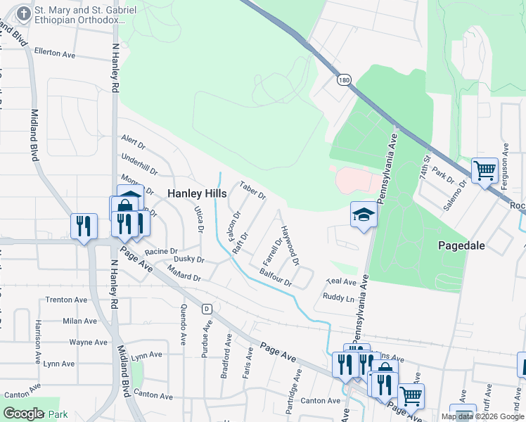 map of restaurants, bars, coffee shops, grocery stores, and more near 2020 Raft Drive in St. Louis