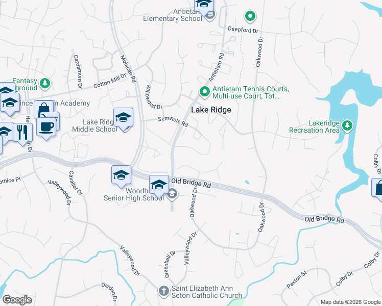 map of restaurants, bars, coffee shops, grocery stores, and more near 2923 Seminole Road in Woodbridge