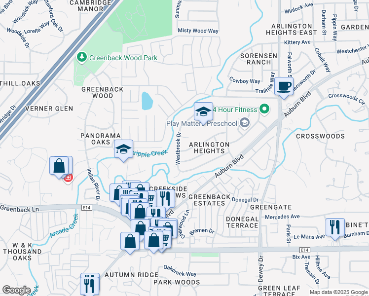 map of restaurants, bars, coffee shops, grocery stores, and more near 6313 Trenton Way in Citrus Heights