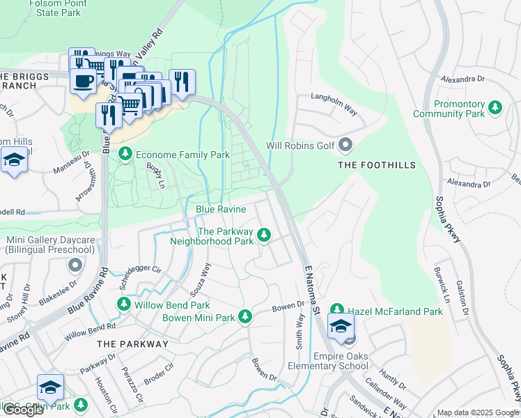 map of restaurants, bars, coffee shops, grocery stores, and more near 1243 Darling Way in Folsom