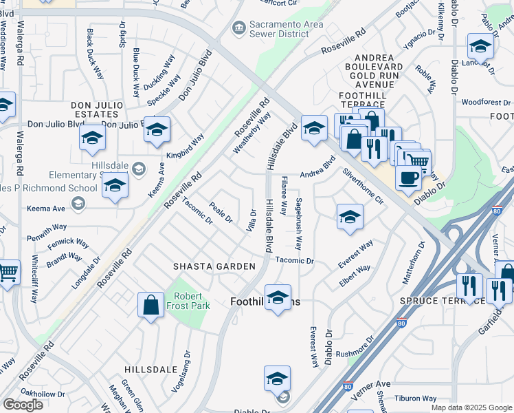 map of restaurants, bars, coffee shops, grocery stores, and more near 6444 Villa Drive in Sacramento