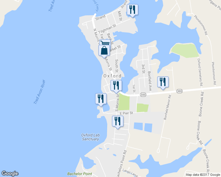 map of restaurants, bars, coffee shops, grocery stores, and more near 205 Tred Avon Avenue in Easton