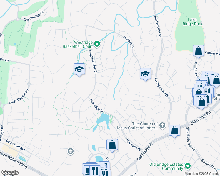 map of restaurants, bars, coffee shops, grocery stores, and more near 12445 Manchester Way in Woodbridge