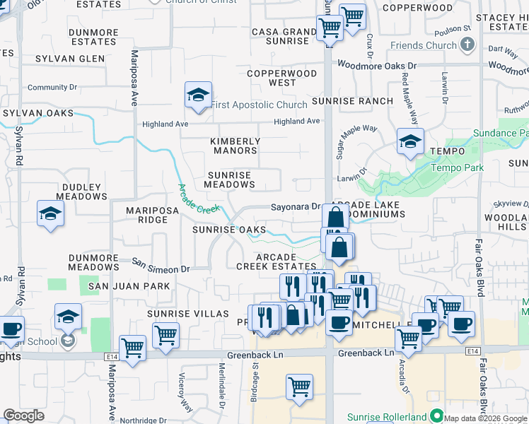 map of restaurants, bars, coffee shops, grocery stores, and more near 7820 Sayonara Drive in Citrus Heights