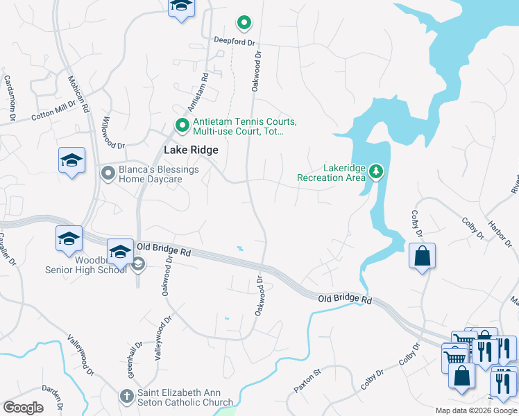 map of restaurants, bars, coffee shops, grocery stores, and more near 12343 Oakwood Drive in Woodbridge